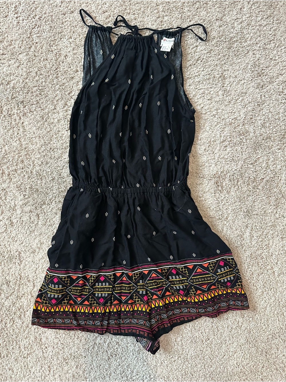 Black Embroidered Halter Romper with Colorful Border